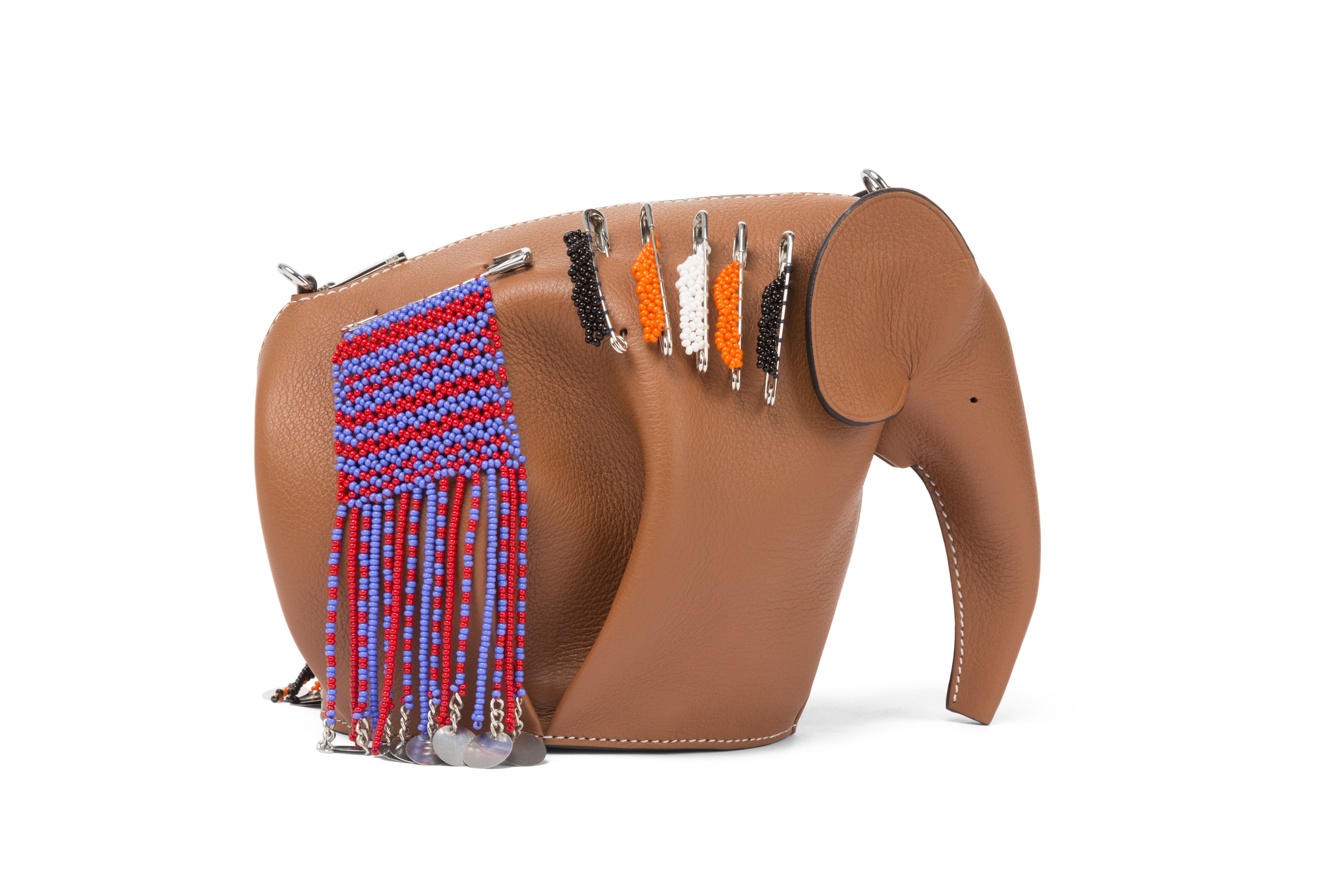 Elephant-shaped leather bag with beaded decoration.