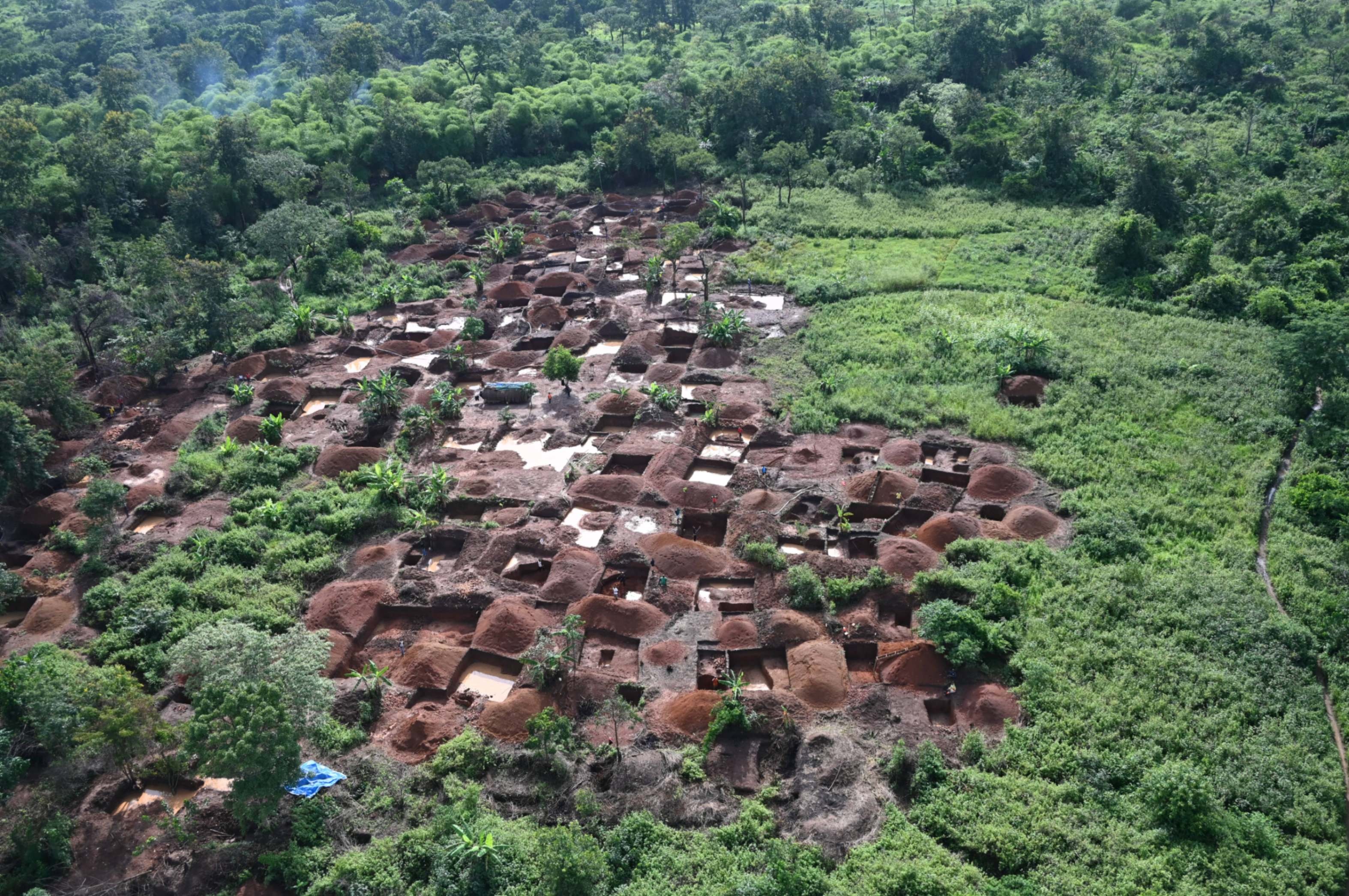 Aerial view of excavations in a clearing in a forest.