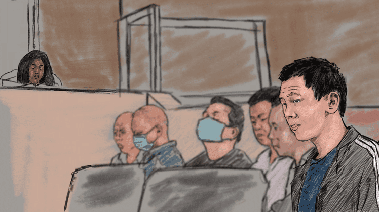 A drawing of people sitting in a courtroom.